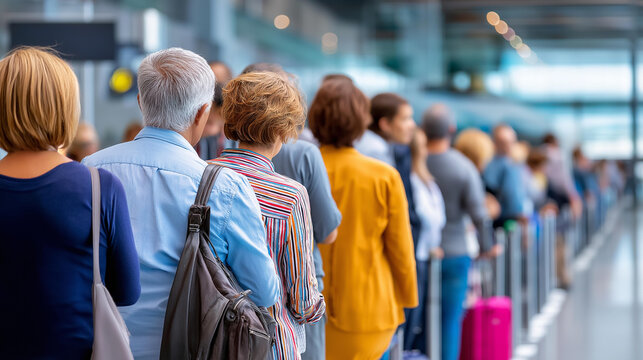 Many faceless passengers waiting in a long queue at an airport gate boarding process, crowded terminal and travel delay concept, defocused background, with copy space