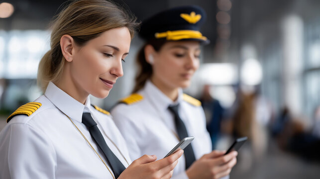 Two airline crew members in uniform using phones while waiting to board in a crowded international airport terminal, aviation lifestyle concept, defocused background, with copy