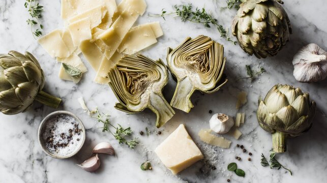 Fresh artichokes and cheese with garlic and herbs on marble background, ready for cooking or food photography projects