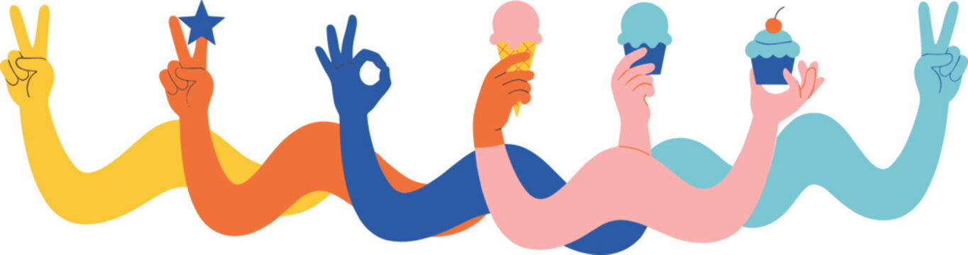 Diverse hands holding ice cream cupcakes and showing victory or okay gestures for celebration and happiness concept flat vector illustration