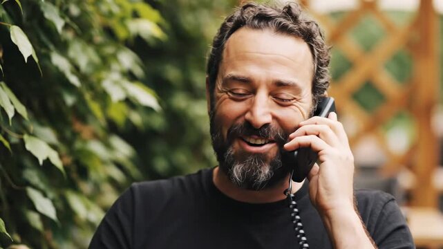 Joyful Conversation of a Bearded Man Laughing While Talking on a Retro Telephone Handset in a Garden for Communication and Lifestyle Content.