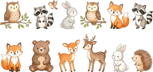 Fototapeta premium Cute Cartoon Woodland Animals Including Owl, Raccoon, Deer, Fox, Bear, Rabbit, and Hedgehog for Kids' Illustrations, Nature, and Forest Designs