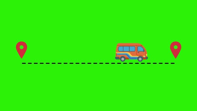 Van travel route animation with map pins on green screen