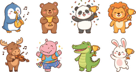 Fototapeta premium Cartoon Animals Celebrating with Trophies and Musical Instruments, Featuring Penguin, Bear, Panda, Lion, Hippo, Crocodile, and Rabbit for Kids' Illustrations