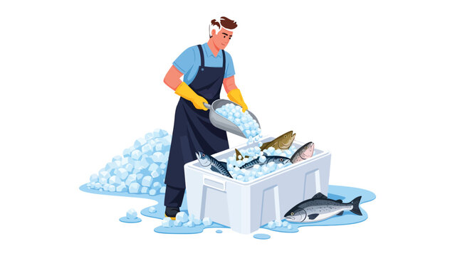 The Fishmonger's Chilling Task: A dedicated fishmonger expertly places a scoop of ice into a container, preserving the freshness of a selection of fish for market.