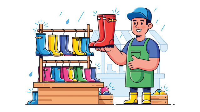 Rainy Day Boot Selection: A cheerful vendor presents a vibrant red boot from an array of colorful rain boots, symbolizing preparedness for a rainy day and promoting practicality and style.