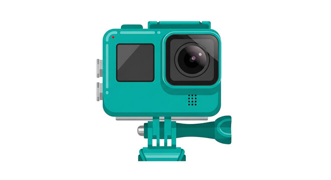 A teal-colored action camera with a mount, depicted in a flat, minimalist vector graphic style.