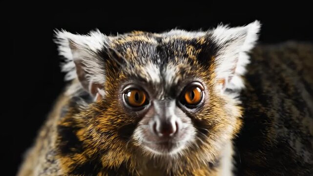 Stunning Close-up of a Slow Loris with large orange eyes and detailed fur against a black background ideal for wildlife documentaries and educational nature content.