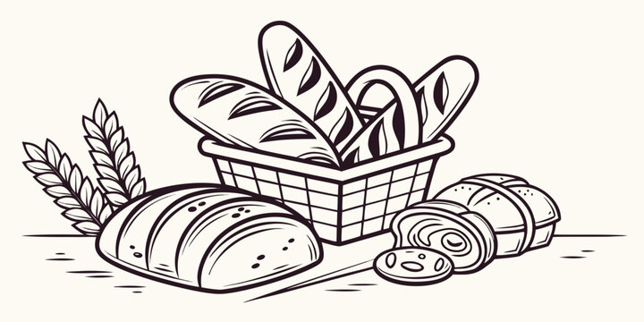A black and white line art illustration of a wicker basket filled with bread rolls and baguettes next to a loaf and sliced bread with wheat.