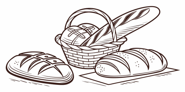 A line art illustration of a wicker basket filled with bread and baguettes alongside two crusty loaves on a cutting board and plate, perfect for baking and food concepts.