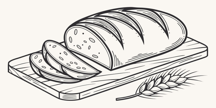 A loaf of bread with slices on a wooden cutting board and wheat, illustration in line art style for baking or food concept.