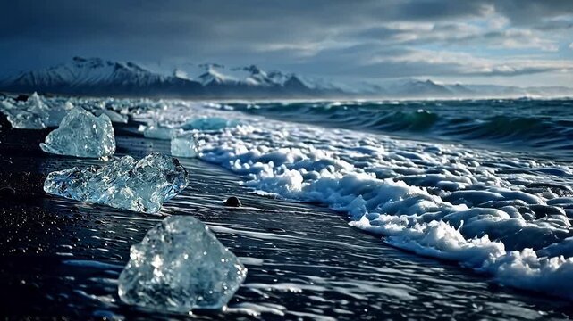 Ice chunks on beach with ocean waves