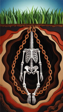 Human skeleton chained underground in layered soil cross section, conceptual illustration of death, captivity and buried body beneath grass