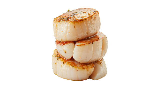 Stack of seared scallops seafood cooked isolated on a transparent background