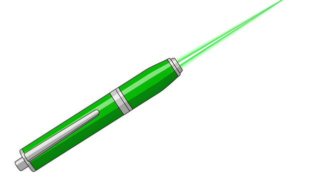 A green laser pointer with a sleek design and silver accents emitting a bright beam of light