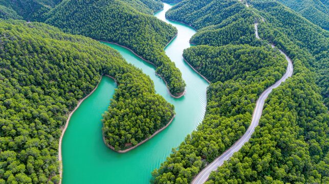Aerial view of a winding river cutting through lush green forests and hills, with a road visible along the riverbank in a serene natural landscape