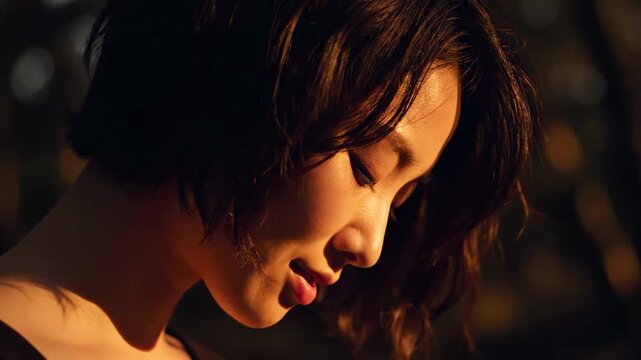 Serene Golden Hour Portrait of a young woman with short hair looking down in profile, perfect for cinematic storytelling and emotional lifestyle content.