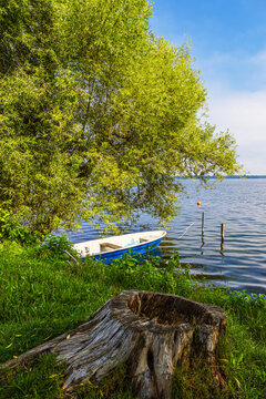 Boot und Baumstumpf am Schaalsee nahe der Stadt Zarrentin