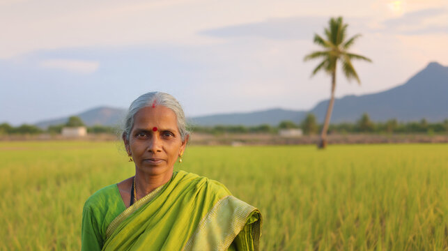 elderly indian farmer woman in traditional saree standing in rural paddy field at sunset, realistic portrait of telangana rural woman in green saree on terrace field during golden hour
