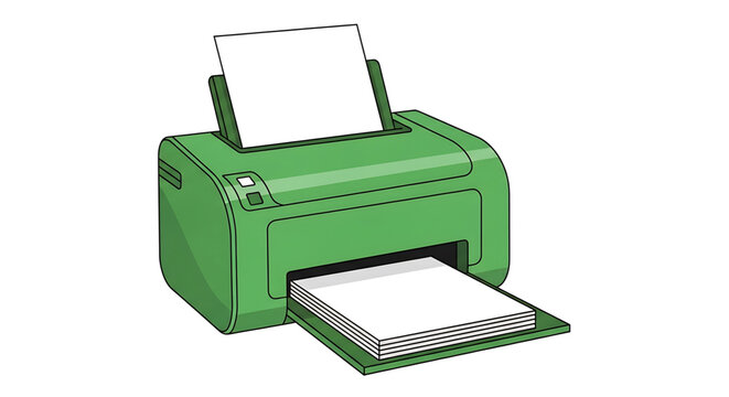 A green printer with a stack of paper coming out of it, symbolizing office productivity and efficiency.