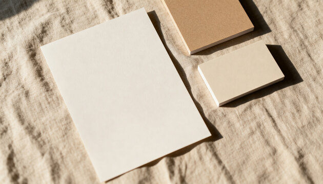 Minimalist stationery mockup featuring blank paper cards on a natural linen fabric surface with soft diffused lighting and realistic organic shadows for branding