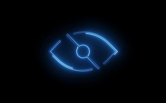 Neon eye off icon glowing black background animation ,Glowing neon Hide eye symbol, sensitive content icon.