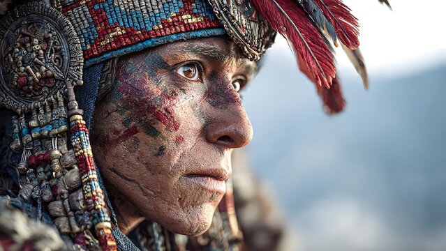 Atahualpa Inca Warrior in Traditional Headdress and Face Paint