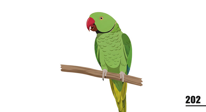 A vibrant green parrot perched on a wooden branch in a colorful illustration