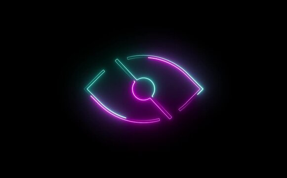 Neon eye off icon glowing black background animation ,Glowing neon Hide eye symbol, sensitive content icon.