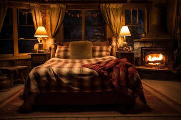Obraz premium Warm and inviting bedroom interior featuring a roaring fireplace, plaid bedding, and soft lamplight
