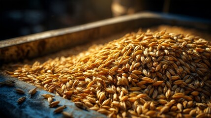 Obraz premium Close-Up of Grain Pile with Golden Oats in Sunlight on Wooden Surface for Agricultural and Food Stock Imagery