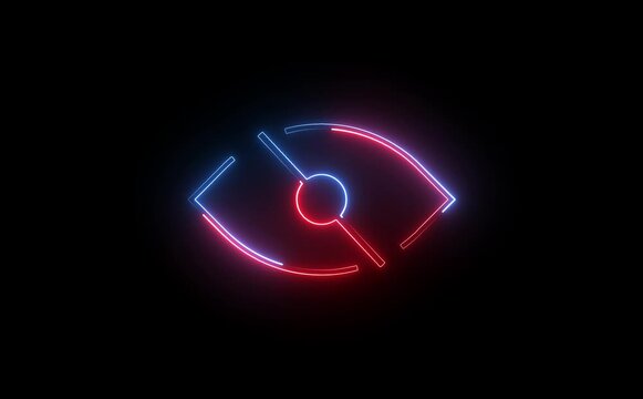Neon eye off icon glowing black background animation ,Glowing neon Hide eye symbol, sensitive content icon.