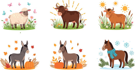 Fototapeta premium Cute Farm Animal Illustration Set Featuring Sheep, Cow, Donkey, and Horse in Seasonal Nature Scenes with Flowers, Autumn Leaves, and Rustic Countryside Style