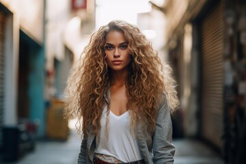 Obraz premium Woman posing in city alley displaying her long, curly hair with confidence