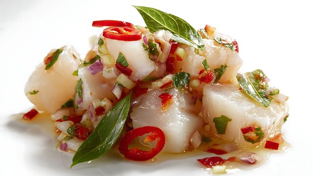 Fresh gourmet geoduck ceviche salad with chili and herbs
