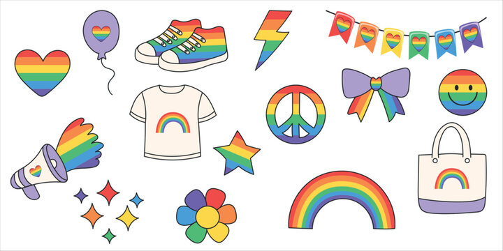 LGBT pride rainbow elements set in doodle style. Colorful vector collection with hearts, symbols, clothing and decorative items. Represents diversity, equality, love and community. 