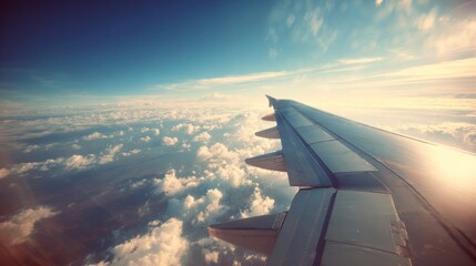 Fototapeta premium Serene View from Airplane Wing Above Clouds Under Clear Blue Sky During Daylight Travel