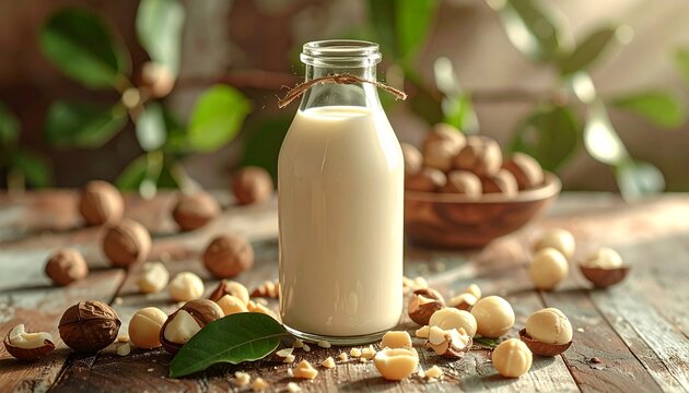 Macadamiamilch in Glasflasche mit rustikaler Macadamia-Szene