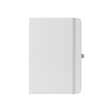 Minimalist grey notebook with elastic closure resting on a flat surface