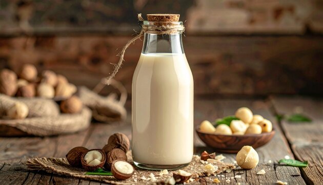 Macadamiamilch in Glasflasche mit rustikaler Macadamia-Szene