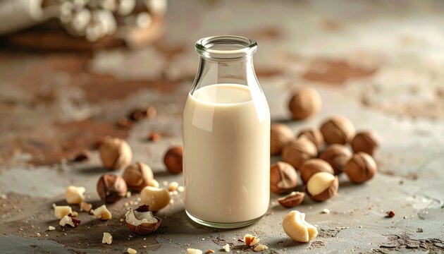 Macadamiamilch in Glasflasche mit rustikaler Macadamia-Szene