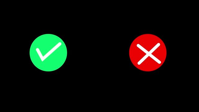 A representation of two distinct circular presented side-by-side on a black background, with a vibrant green circle containing a white checkmark on the left and a bright red circle with a white