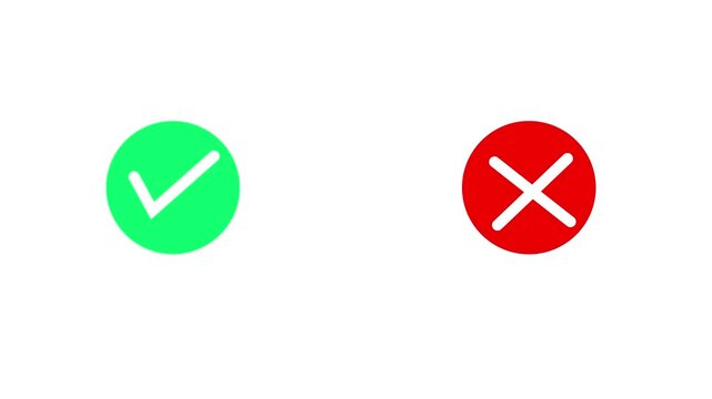 A pair of contrasting circular a bright green circle with a white checkmark on the left and a bold red circle with a white cross on the right, displayed prominently on a clean white background