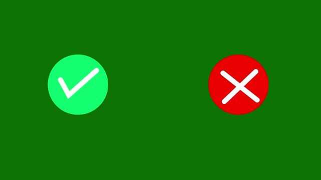 A composition featuring a bright green circle with a white checkmark on the left and a bold red circle with a white cross on the right, set against a solid dark green background