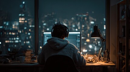 Obraz premium Person working on computer by a window overlooking a cityscape at night