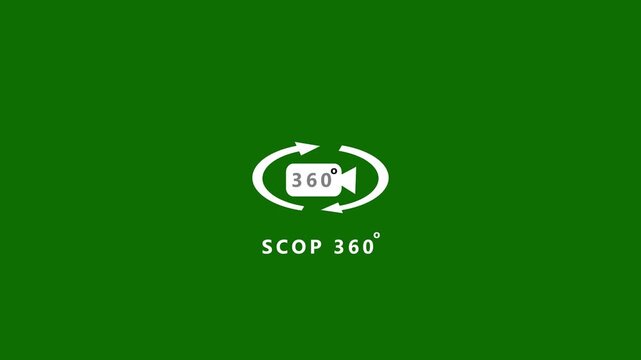 A white 360 degree camera with rotating arrows is displayed above the text SCOP 360 on a solid green background representing virtual reality or immersive