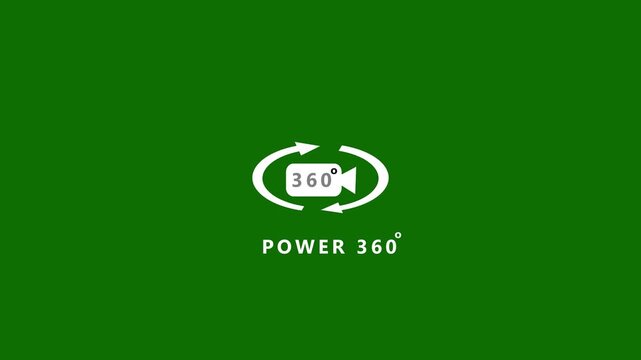 White 360 degree camera with circular arrows and the text POWER 360 degrees centered on a solid green background representing energy or capability in immersive technology