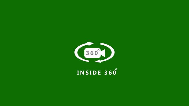 White 360 degree camera with circular arrows and the text INSIDE 360 degrees centered on a solid green background representing interior virtual tours or enclosed spaces