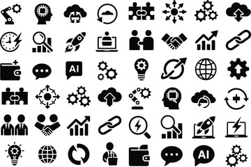 Fototapeta premium Business success and corporate strategy icon set with professional silhouette isolated on white background