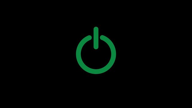 A simple green power button symbol centered on a solid black background representing the concept of starting or stopping electronic devices and systems